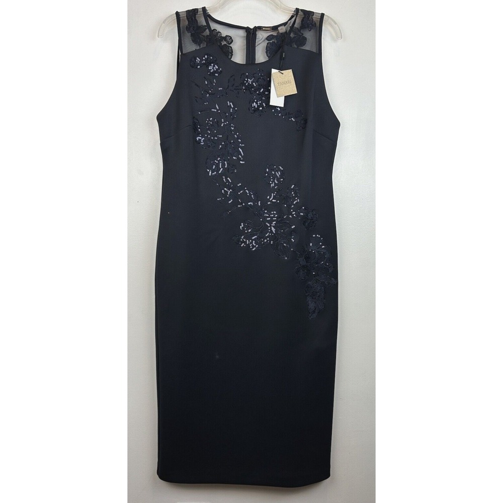 Tahari Dress Womens 12 Navy Embroidered Sequin Sheath Event Cruise Wedding New